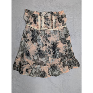 Daytrip Strapless Top Women's L Floral Pink Gray, Gauzy tie in back Y2K